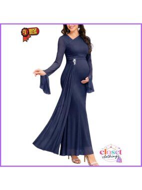 Maternity Formal Mesh Maxi Gown Split Bell Sleeve Ruched Dress